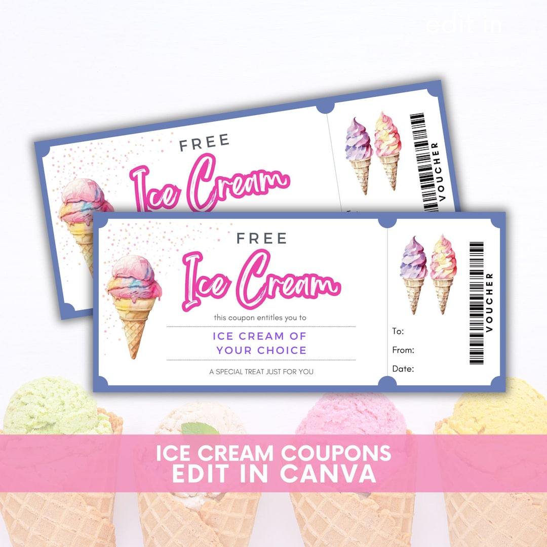 Printable Ice Cream Coupons, Ice Cream Voucher, Ice Cream Birthday, Ice ...